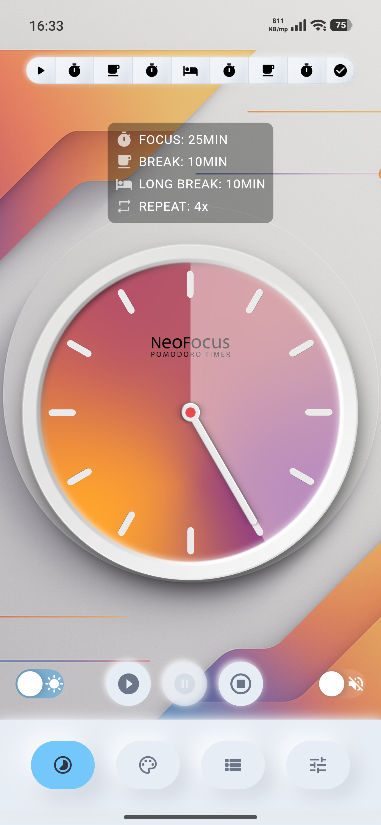 NeoFocus app screenshot with a neumorphic Pomodoro timer